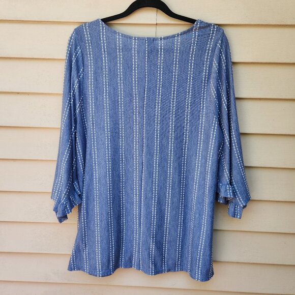 W5 Plus Blue Knit Blouse 3/4 Sleeves Ruffle Trim Textured Stripe Dots - Picture 8 of 9